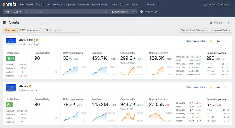 Das Ahrefs-Dashboard