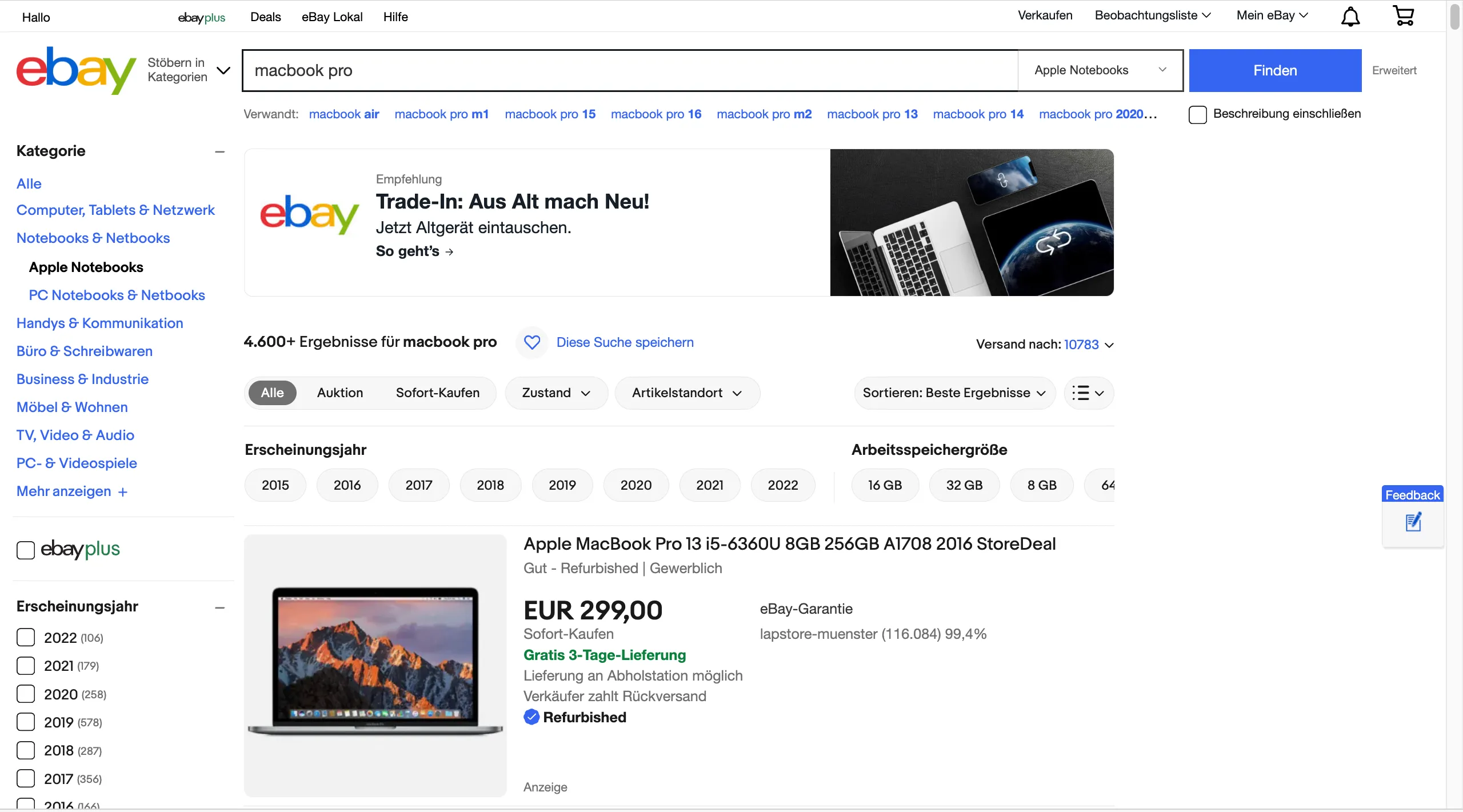 Screenshot der eBay-Navigation