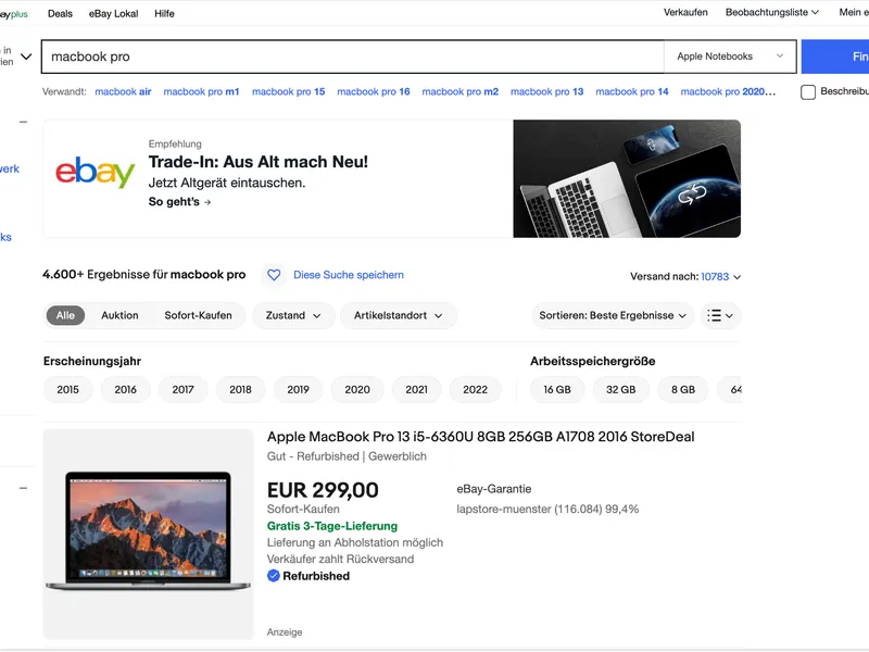 Screenshot der eBay-Navigation