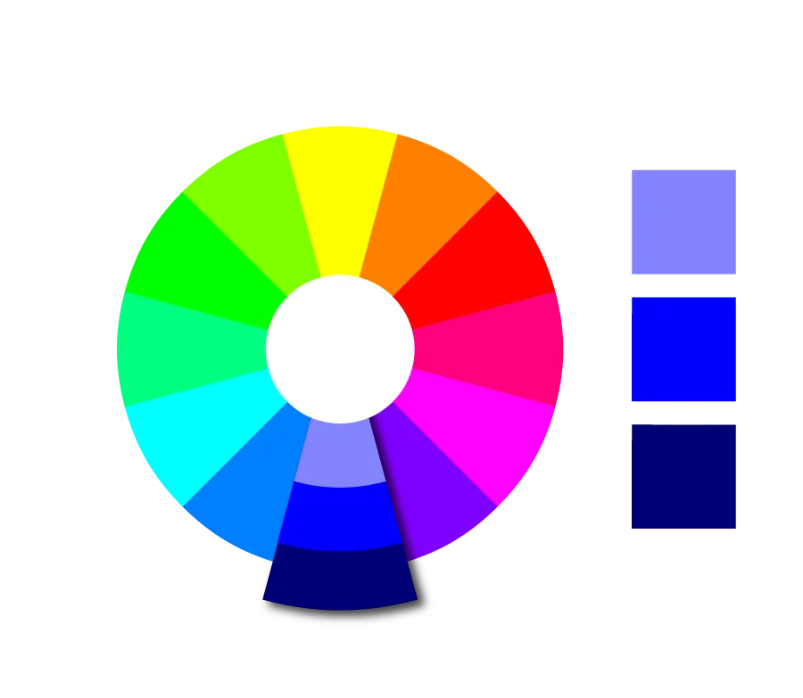 Eine Farbpalette aus drei monochromatischen Farben im Farbkreis