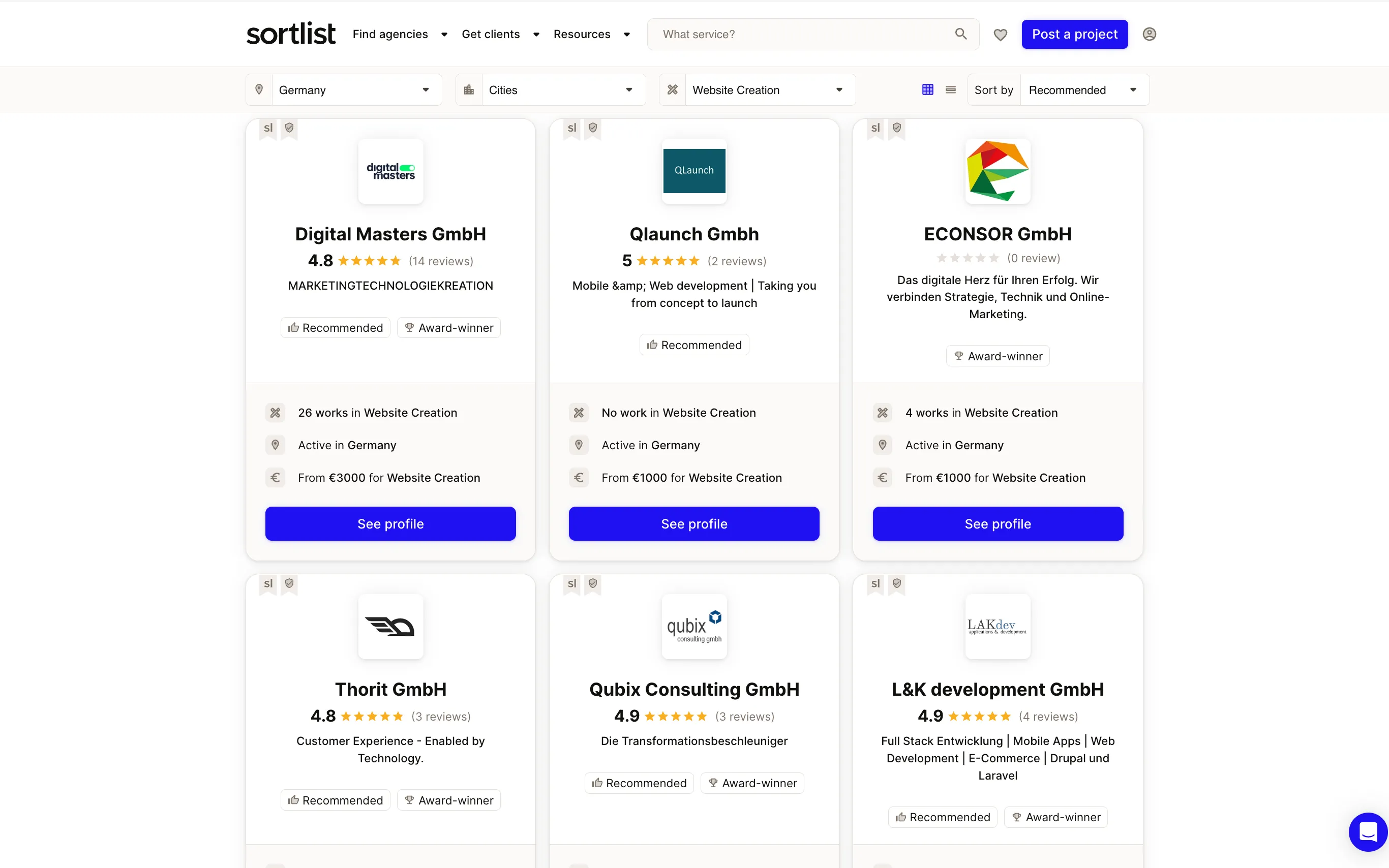 Suche nach Webdesign-Agenturen auf Sortlist