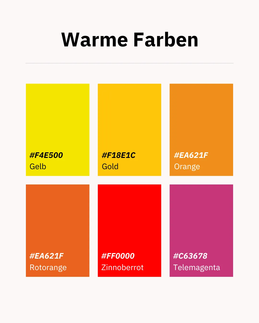 Warme Farben, Farbbezeichnungen gemäß RAL-Farbtabelle