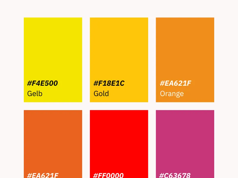 Warme Farben, Farbbezeichnungen gemäß RAL-Farbtabelle