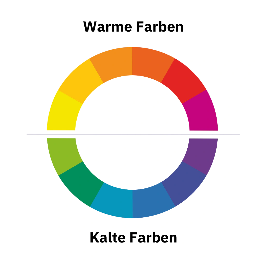 Der klassische Farbkreis, eingeteilt in zwei Hälften mit warmen und kalten Farben.